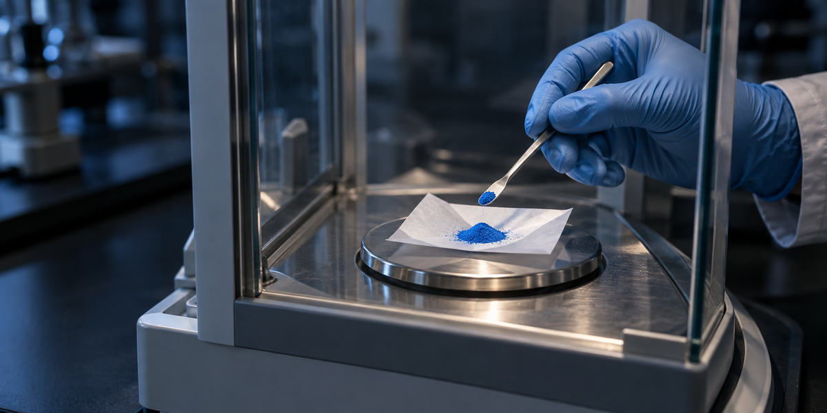 Illustrative laboratory scene of a gloved hand weighing fine blue copper-peptide powder.