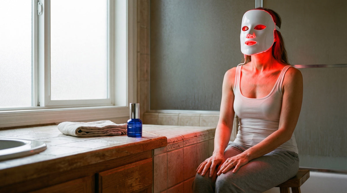 A woman sits in a bathroom wearing a glowing red LED face mask, with a cobalt Legacy Youth Elixir bottle waiting on the counter.