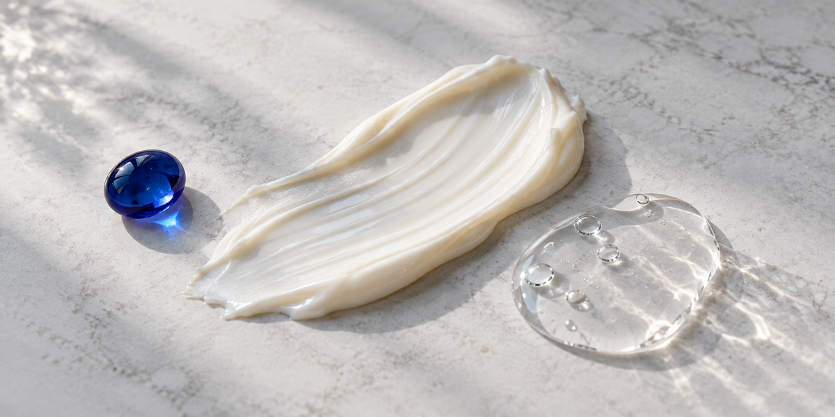 Cream and clear serum textures on pale stone beside a cobalt glass accent