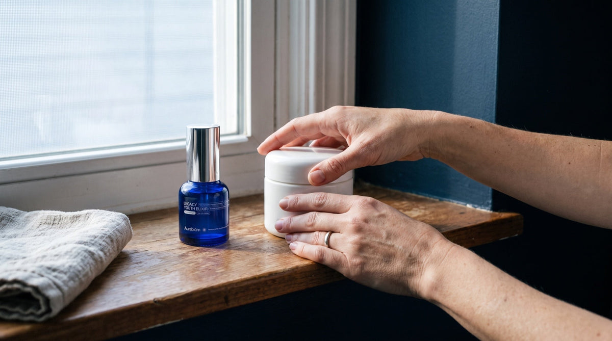 Two hands rest on a plain white moisturizer jar on a sunlit windowsill, beside a cobalt Legacy Youth Elixir bottle and a folded linen towel.