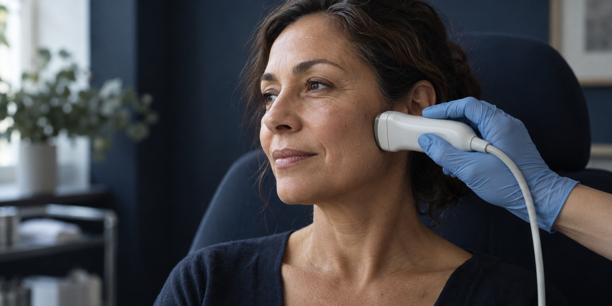 Illustrative clinical scene of a skin-imaging probe against a woman’s cheek.