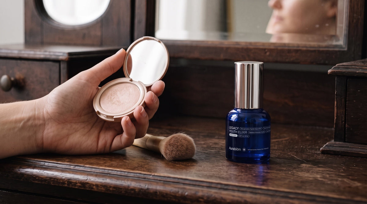 A hand holds an open shimmer compact at a dark wooden vanity, beside a makeup brush and a cobalt Legacy Youth Elixir bottle.