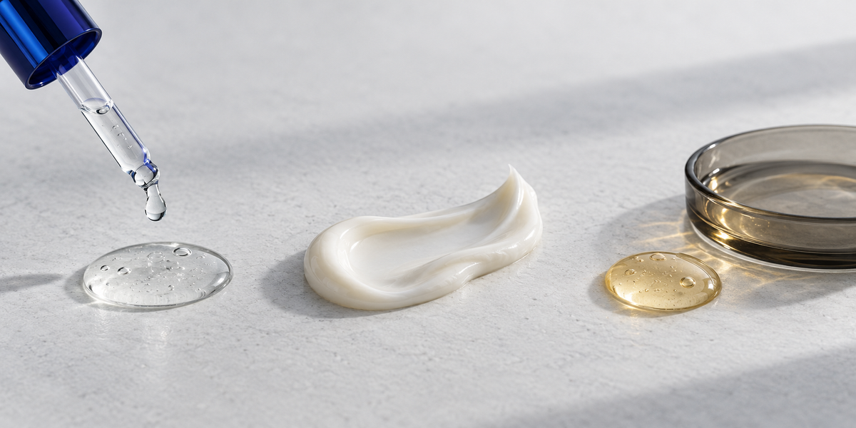 A cobalt pipette above clear serum, with separate cream and amber gel textures on cool stone.
