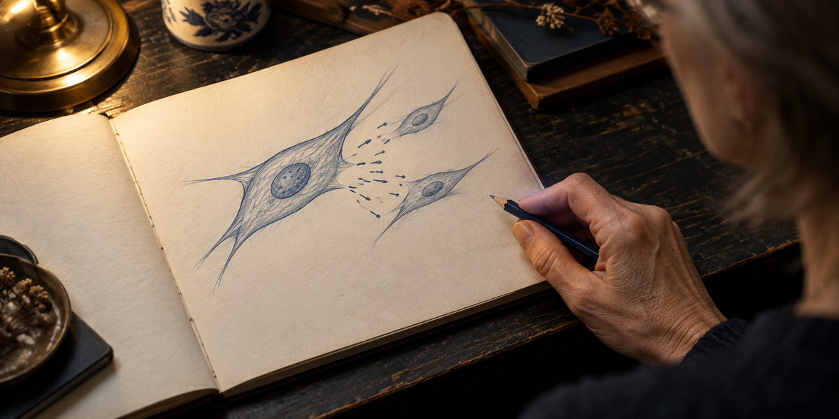 Conceptual scene of an older hand sketching a skin cell sending signals to neighboring cells.